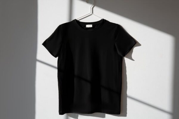 pexels-photo-8532616-8532616-1 Minimalist image of a black t-shirt on a hanger with dramatic shadows on a white wall.