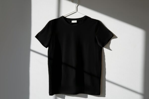 pexels-photo-8532616-8532616 Minimalist image of a black t-shirt on a hanger with dramatic shadows on a white wall.